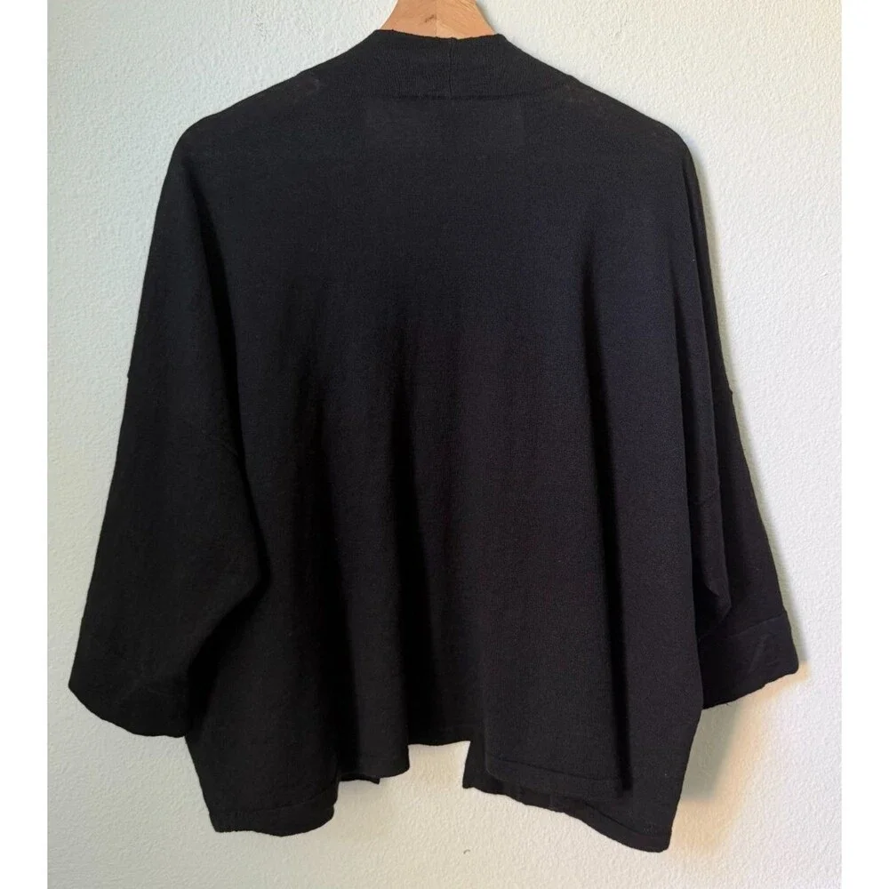 Eileen Fisher Sweater Womens L/XL Black Linen Blend Kimono Cardigan Open Pockets - Picture 2 of 6